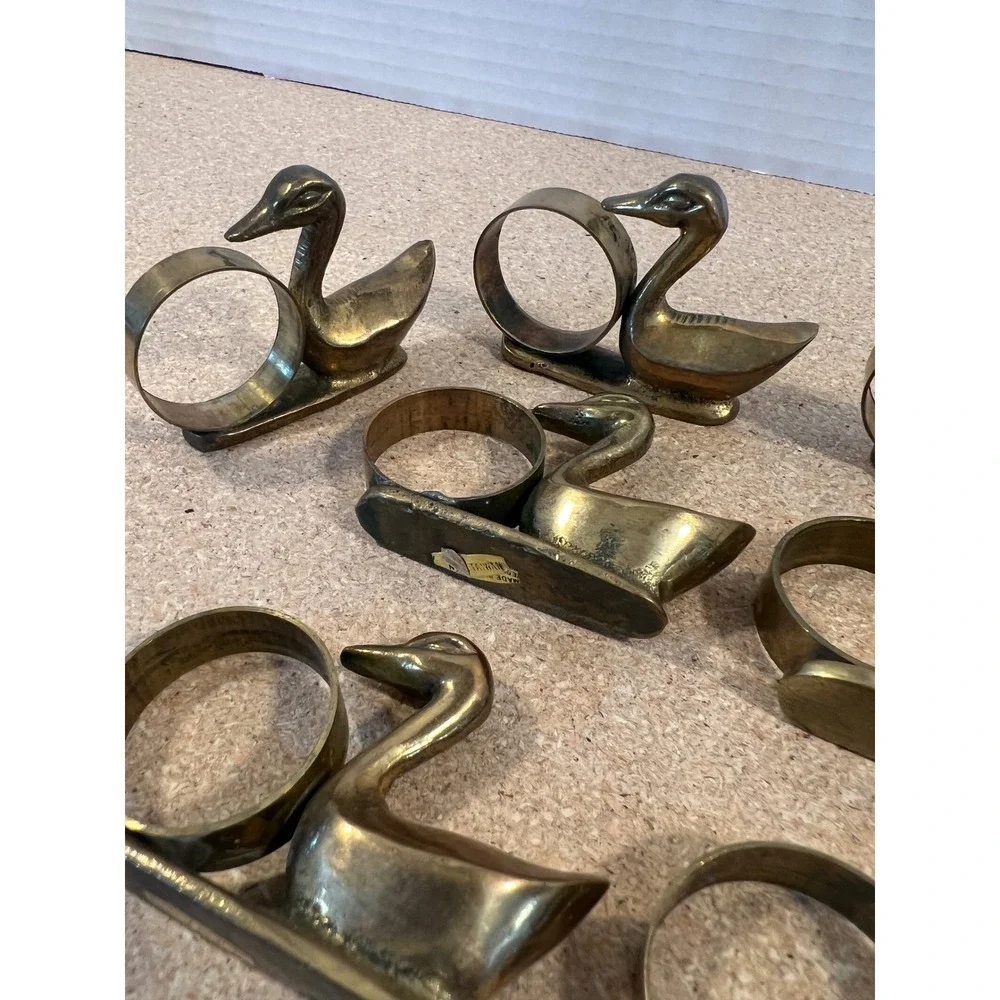Vintage Solid Brass Swan Napkin Rings Set of 8 Duck Waterfowl Table Decor Gold